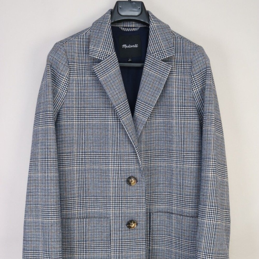 MADEWELL DORSET BLAZER WOOL BLEND KNIT IN NAVY GLEN PLAID SIZE MEDIUM
